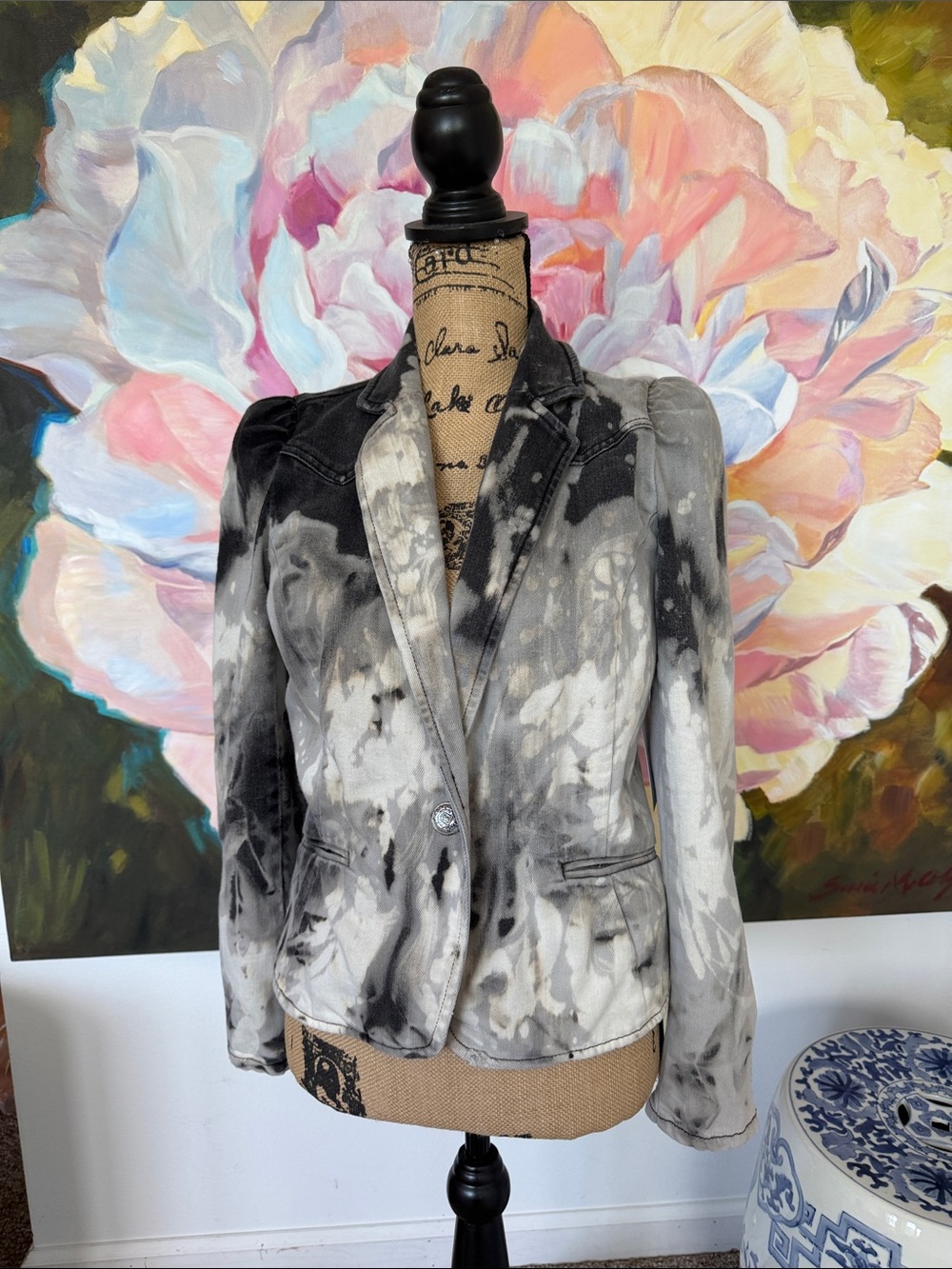 Artist Bleach Watercolor Fabric Dye Painting Black & White Women's Blazer Jacket